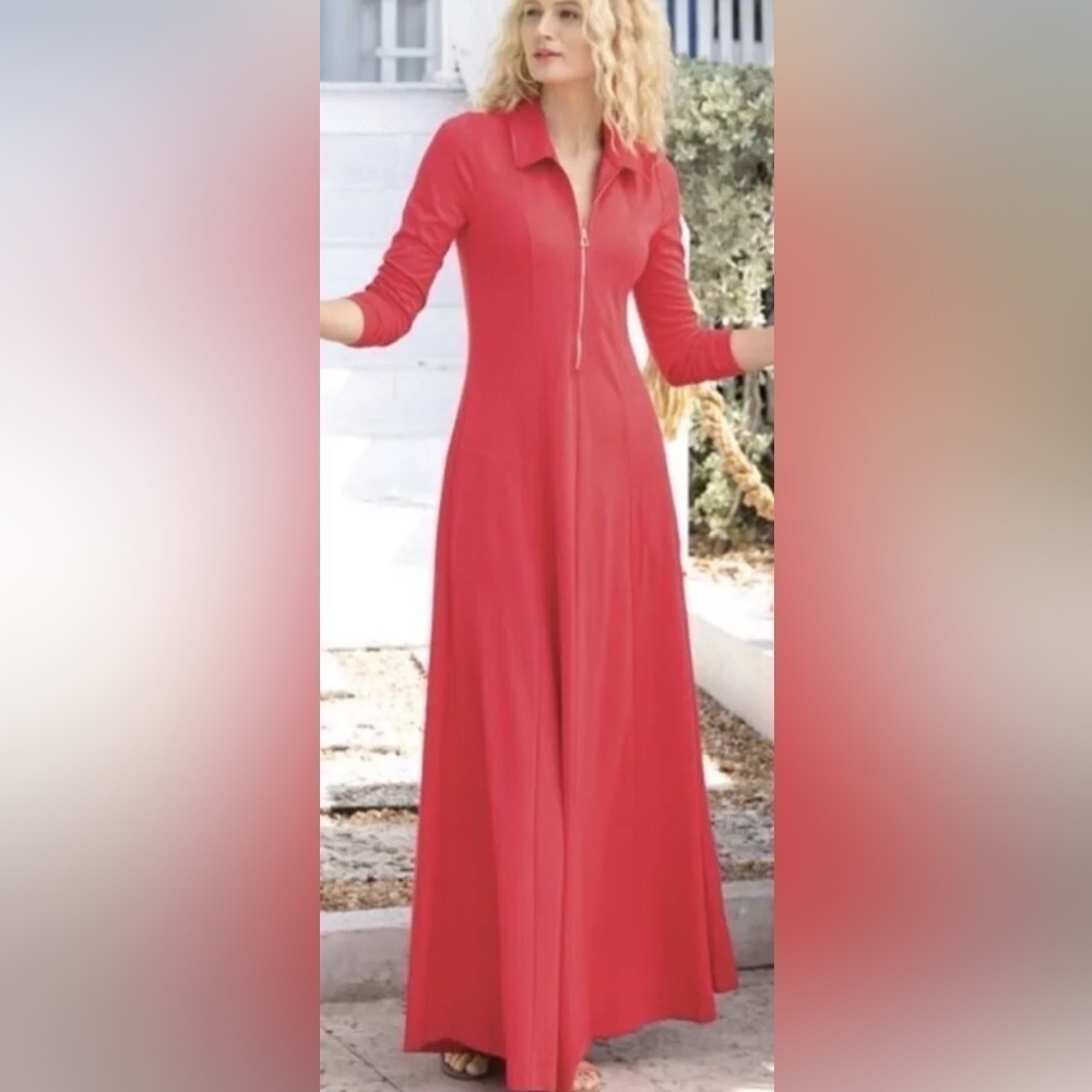 Soft Surroundings Size L Swingtime Maxi Dress Coral Long Sleeve Pockets